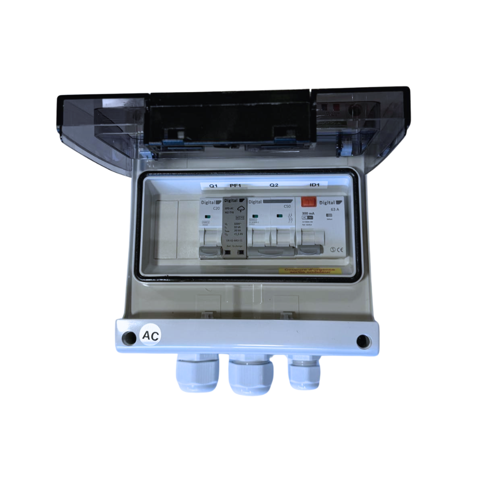 WA Conception - Coffret AC 9-12kW Mono, protection onduleur 50A 230VAC, Différentiel 300mA Type AC, avec parafoudre AC Type 2