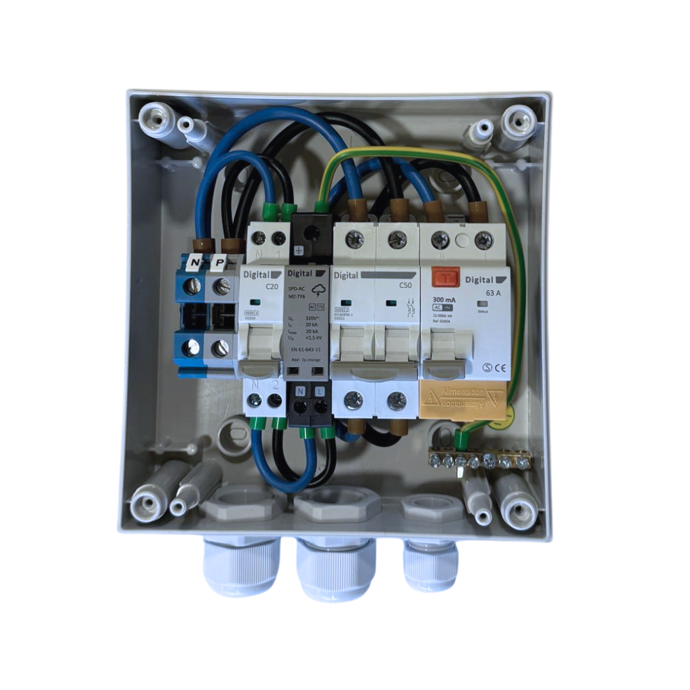 WA Conception - Coffret AC 9-12kW Mono, protection onduleur 50A 230VAC, Différentiel 300mA Type AC, avec parafoudre AC Type 2