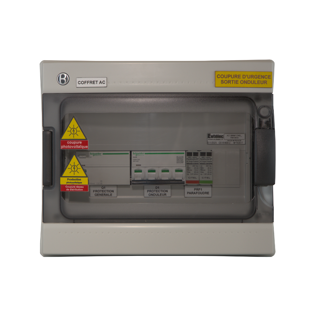 Eutelec - Coffret de protection AC 15/20kW 32A avec parafoudre T2 - triphasé - coffret PVC