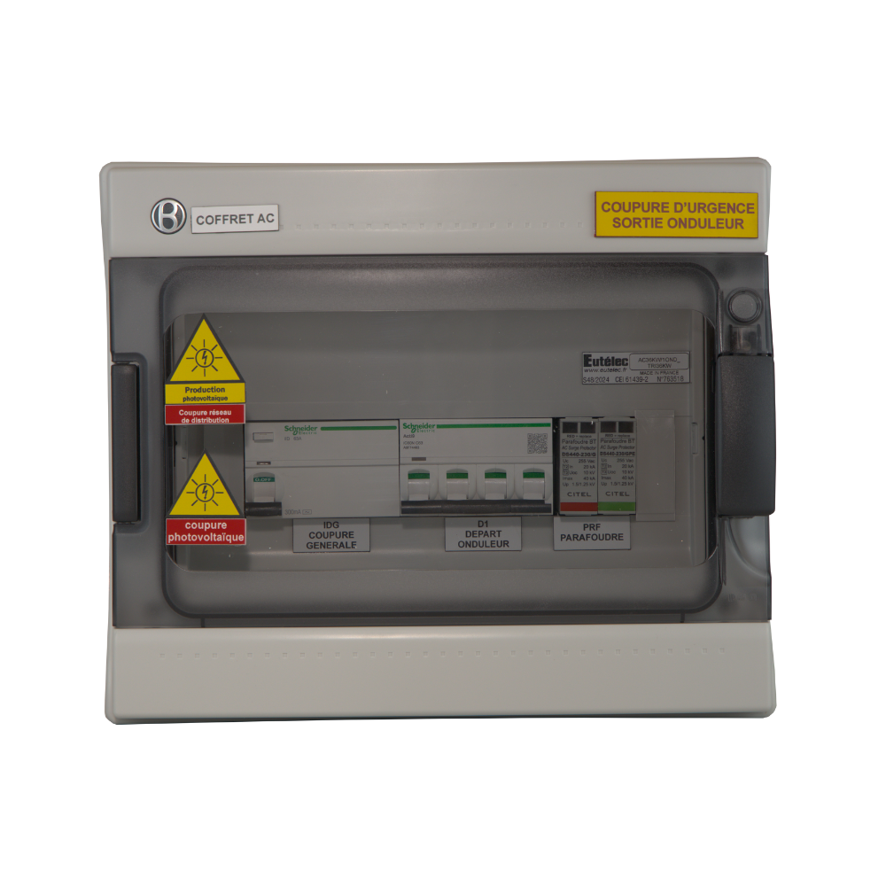 Eutelec - Coffret de protection AC 30/40kW 63A avec parafoudre T2 - triphasé - coffret PVC