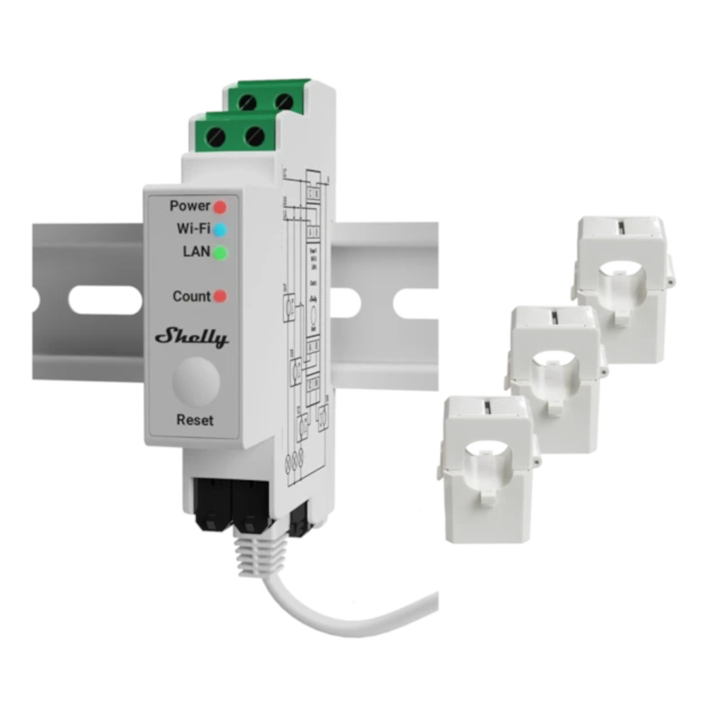 Shelly - Compteur PRO3EM - Triphasé - 120A - tores inclus