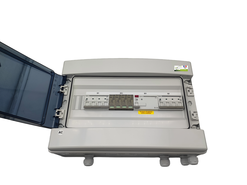 WA Conception - Coffret AC 9kW Triphasé, protection onduleur 16A 400VAC, Différentiel 300mA Type AC, avec parafoudre AC Type 2