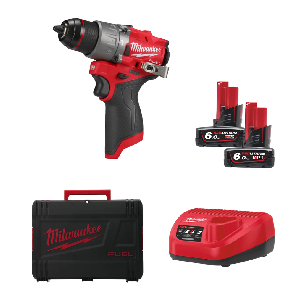 Milwaukee - 4933479870 - M12 FPD2-602X - Coffret Perceuse à percussion fuel 13mm 12V 40Nm + 2 Batteries 12V 6Ah + Chargeur + Coffret HD Box