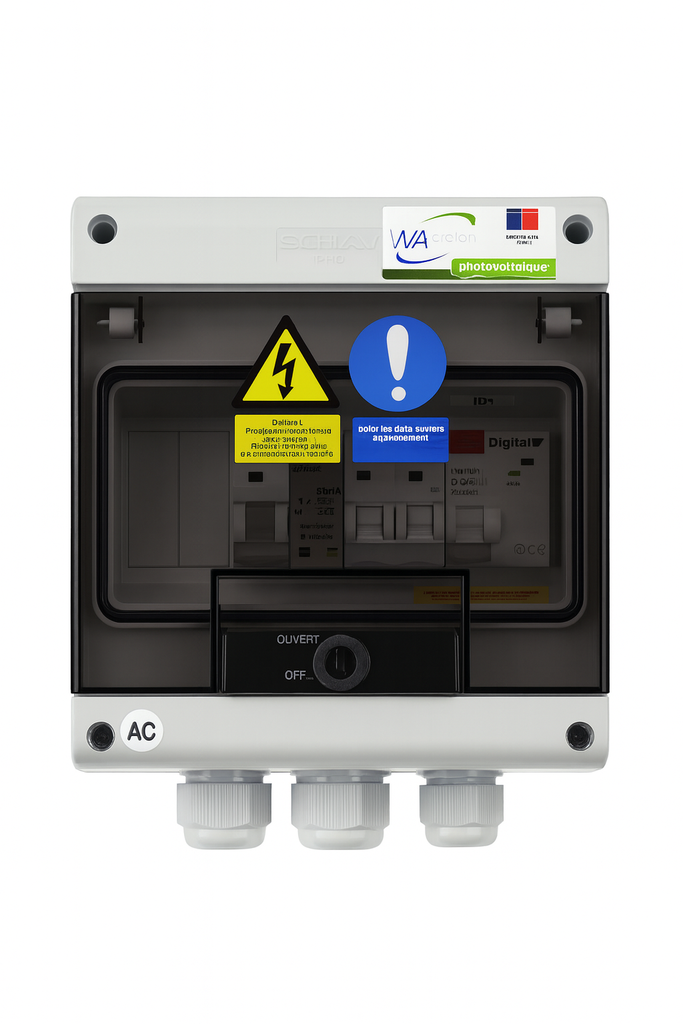 WA Conception - Coffret AC 9-12kW Mono, protection onduleur 50A 230VAC, Différentiel 300mA Type AC, avec parafoudre AC Type 2